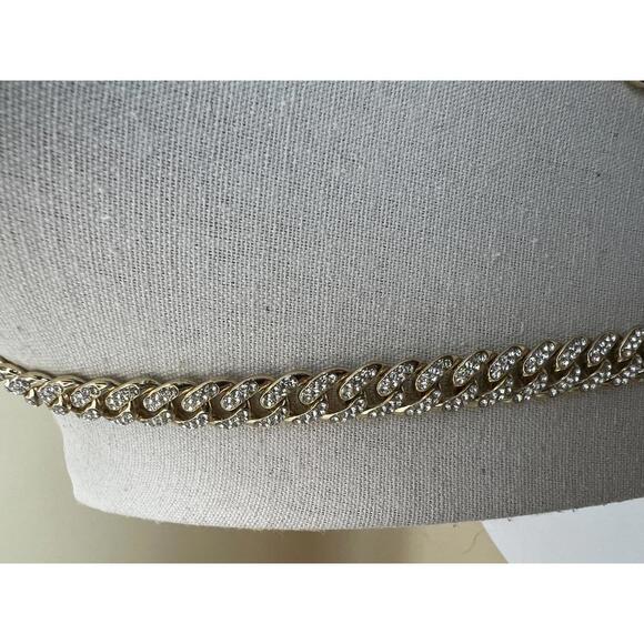 Heavy Gold Tone Cuban Link Chain Necklace with Rhinestones - Picture 5 of 10